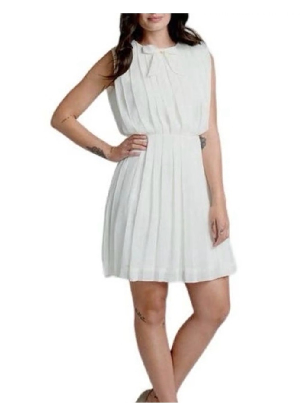 ModCloth Pleated Bow Neck Sleeveless Dress in Ivory